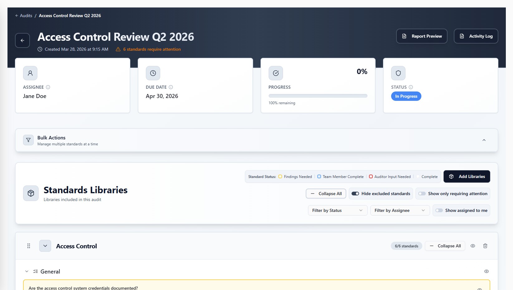Audit Detail View, a dashboard showing assignee, due date, progress, and standards libraries